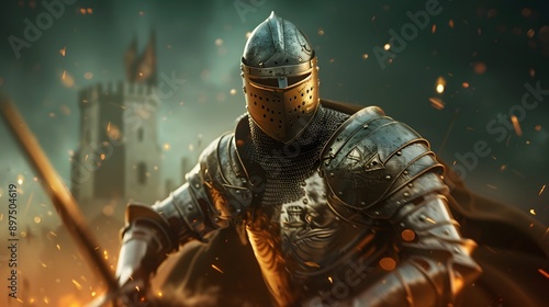 A knight in full armor stands before a burning castle, sword drawn, ready for battle.