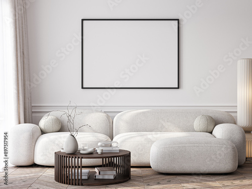 Frame mockup, ISO A paper size. Living room wall poster mockup. Interior mockup with house background. Modern interior design. 3D render 