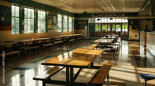 A large room with tables and benches and a sign that says "Weston High School"
