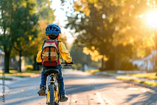 A young boy rides his bicycle down a residential street, wearing a helmet and backpack, with golden leaves in the background and a warm sunset glow