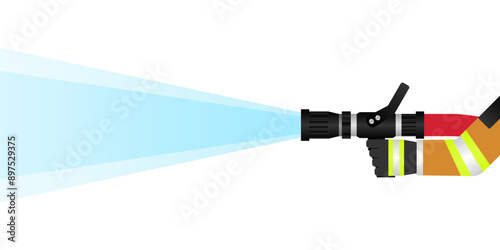 Firefighter Holding Fire Hose Nozzle to Spraying Water. Vector Illustration. 