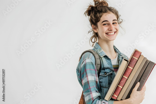 Portrait of happy young girl holding books over white background. Back to school