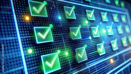 Close-up of a computer screen displaying a system validation process with coding lines and green checkmarks indicating successful data verification and system approval.