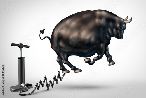 Stock Market Bubble and economic bull or bullish investing as a financial investor risk of overinflation of stock value resulting in inflated prices in stocks as rising speculation ready to explode.