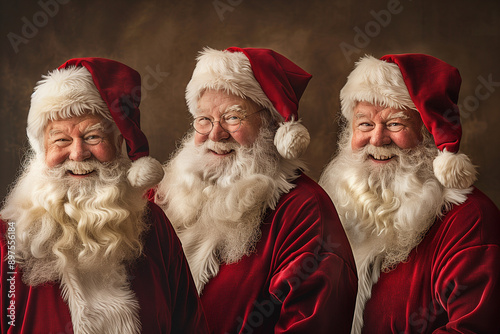 Three Joyful Portraits of Santa Clauses Smiling in Red Costumes, Exuding the Festive Spirit of Christmas in a Classic, Timeless Setting