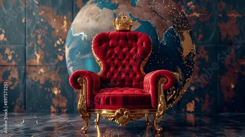 A regal throne with a golden crown, positioned in front of a globe, symbolizes power, authority, and global leadership.