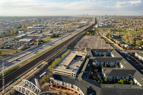 aerial view of englewood with denver on the horizon