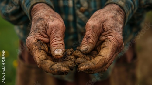 A close-up shot of a farmer's hands, calloused and weathered from years of hard work