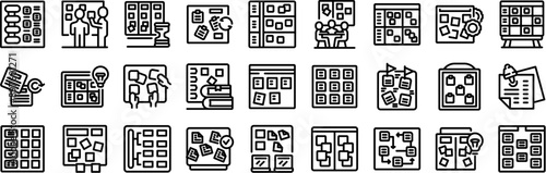 Scrum board icons set. Project managers are planning work process using agile methodology and scrum board with tasks