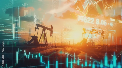 Oil pumps are silhouetted against a sunset, overlaid with financial data charts and rising prices. Generative AI