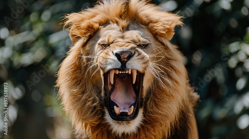 A large male lion with a thick mane roars with its mouth open, showing its teeth. It is in a green forest setting