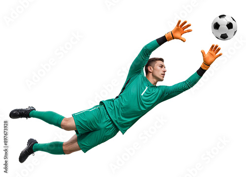 Football goalkeeper doing leap jump to catch a ball, isolated background