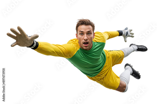 Soccer goalie in dynamic leap jumping pose with one hand to reach a ball, isolated background