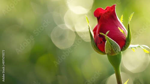 Red rosebud with natural green backdrop and empty space