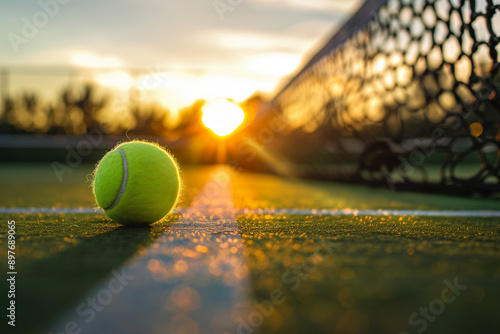 Serene outdoor tennis court at sunset, featuring an empty playing field with a green tennis ball resting on the white lines. The warm glow of the setting sun casts long shadows acr