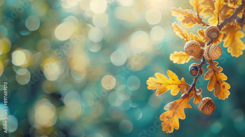 Up-close view of an oak branch with radiant golden leaves and acorns shining in the autumn sun