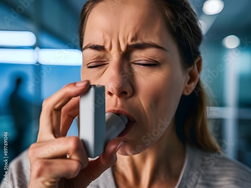 Una mujer que usa un inhalador para el asma en el interior 