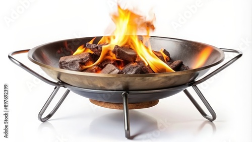 Burning Charcoal in a Metal Brazier, isolated, white background, fire, charcoal , brazier , grill