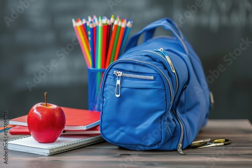 School supplies on a desk, including a blue backpack and various educational items like books and pens.