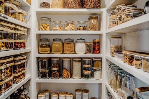 Jars with different types of nuts and seeds on shelves in pantry