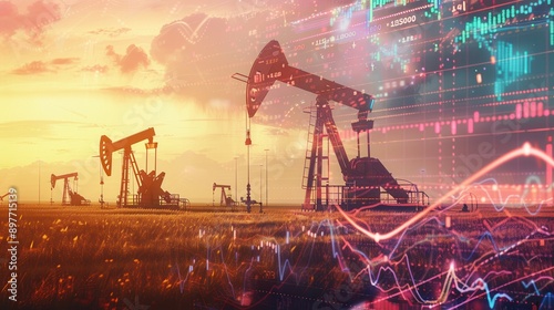 Oil pumps in a field at sunset with superimposed financial charts and graphs, illustrating the concept of rising gasoline prices.