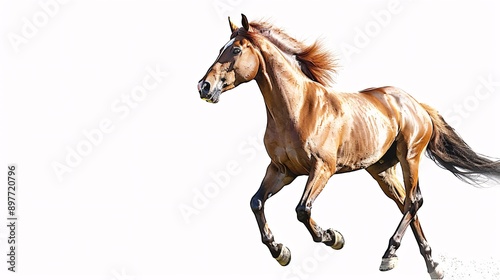 A majestic horse with a flowing mane and tail, trotting elegantly against a clear white background.