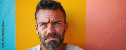 A man with a beard stares skeptically at the camera.