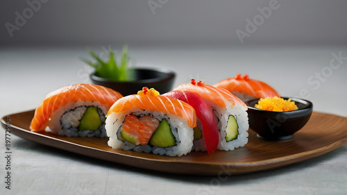 Deliciosos roll de sushi envuelto en salmón.