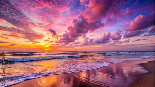 Atlantic ocean sunset with pink and purple sky, Lacanau France