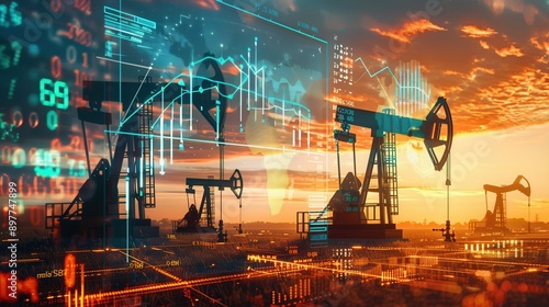 Silhouetted oil pumps in a field at sunset with a superimposed digital screen displaying financial graphs and numbers, representing rising gas prices.