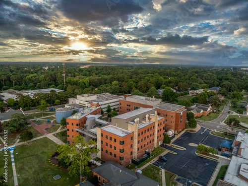 Aerial view of Fayetteville State University historically black college with dramatic sunset sky