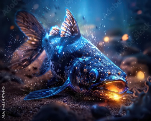 Design an image of a coelacanth swimming near the ocean floor, with a bioluminescent creature in the background