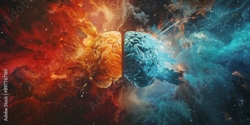 Surreal representation of a brain split into creative and logical hemispheres with cosmic background.