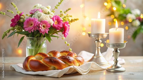 Serene table setting with white linens, braided challah, Kiddush cup, and Shabbat candles, adorned with fresh flowers, evoking warmth and peaceful Friday evening ambiance.