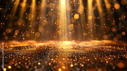 Elegant Golden Glitter Backdrop with Bokeh Effect for Event or Performance Stage