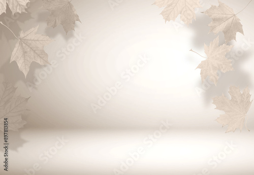 Autumn leaves in air on pastel background, toned in beige color. Space for design