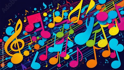 Abstract colorful music notes background with blue, yellow, pink, and orange.