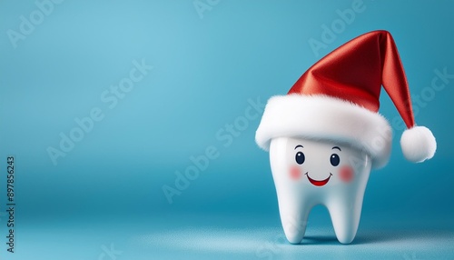 かわいい歯のキャラクターとクリスマスのサンタ帽子とコピースペース（Cute tooth character with christmas santa hat and copy space.） 