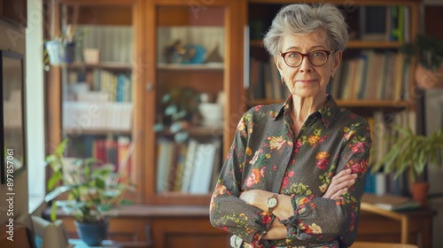 Elderly Woman French School Teacher in Floral Shirt Standing in Library, Education and Wisdom Concept