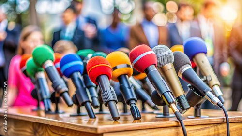 Colorful microphones of various media outlets are poised on a polished wooden podium, awaiting a press conference, with a blurred, bustling background atmosphere.