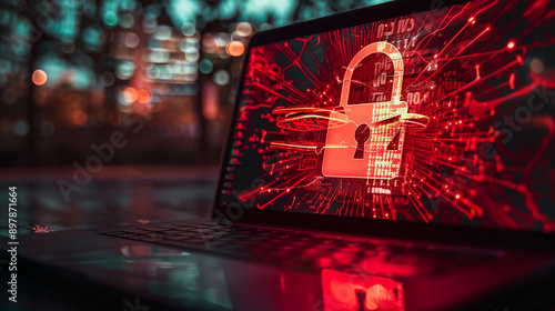 data security breach digital system hacked internet cyber attack alert with red padlock virtual display over a laptop