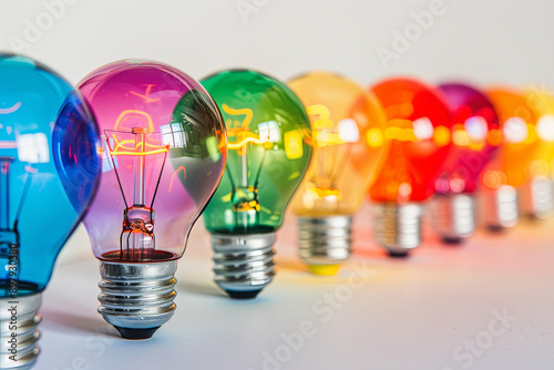 Creative light bulbs with rainbow colors on a white background, think differently and creative ideas