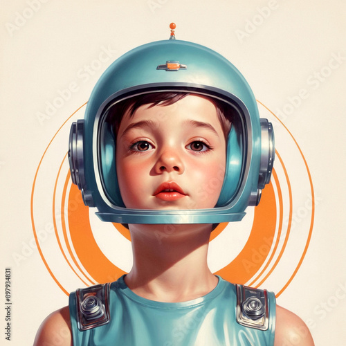 A young astronaut sporting a vintage helmet embarks on a space mission