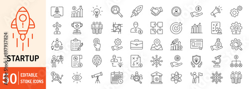 Startup editable stroke outline web icons set. Startup, project, idea, business, brainstorm, contract, innovation, investment, funding, plan and shareholder. Vector illustration