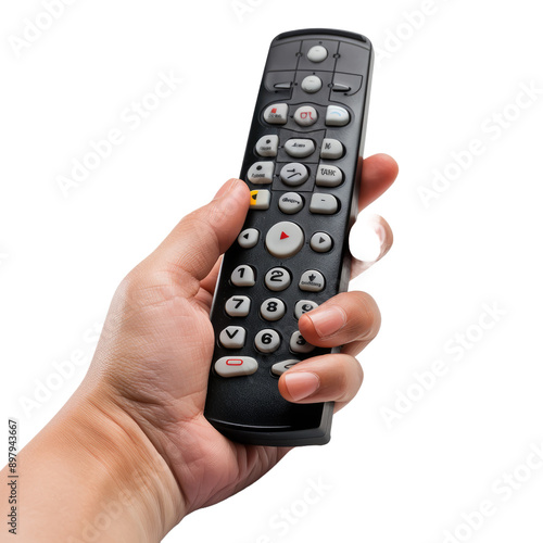 hand with tv remote control on white background 