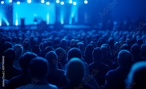 Audience attending a conference with blue lighting and large screens.