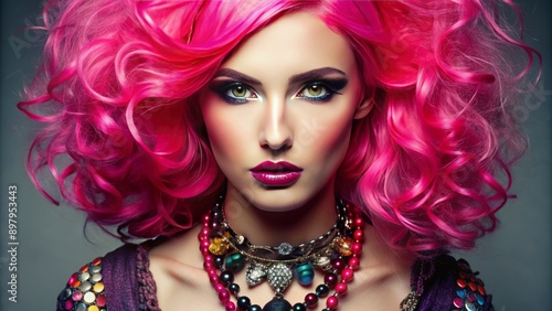 Vibrant pink-haired female model adorned with chunky accessories and statement pieces commands attention with a piercing gaze, exuding confidence and edgy sophistication.