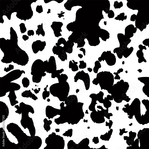 Animal Cow Skin Seamless Pattern. Cowhide Abstract Background. Monochrome Black and White Animal Texture. Minimal Vector Mammalian Leather Hand Draw Print Design. 