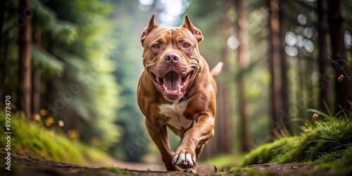 Menacing brown pit bull charges towards camera, mouth agape, revealing sharp front teeth, set against a serene forest backdrop, evoking wildlife and pet health concerns.