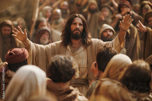 Jesus preaching to a crowd of followers in an ancient setting with outstretched arms. Religious teaching, Christianity, biblical scene, faith inspiration.